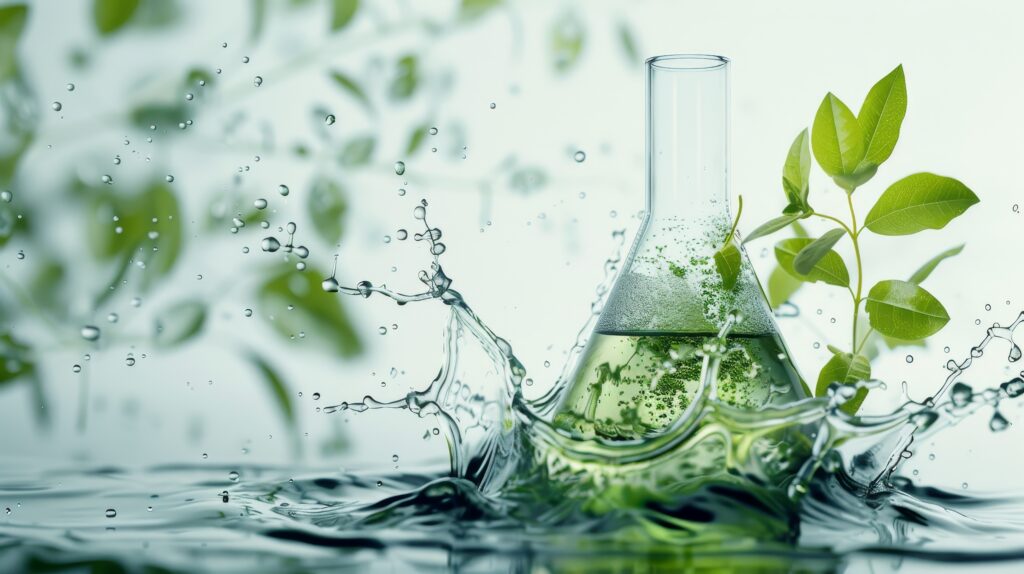 a flask brimming with lush green liquid and adorned with foliage, surrounded by mist or water splashes,